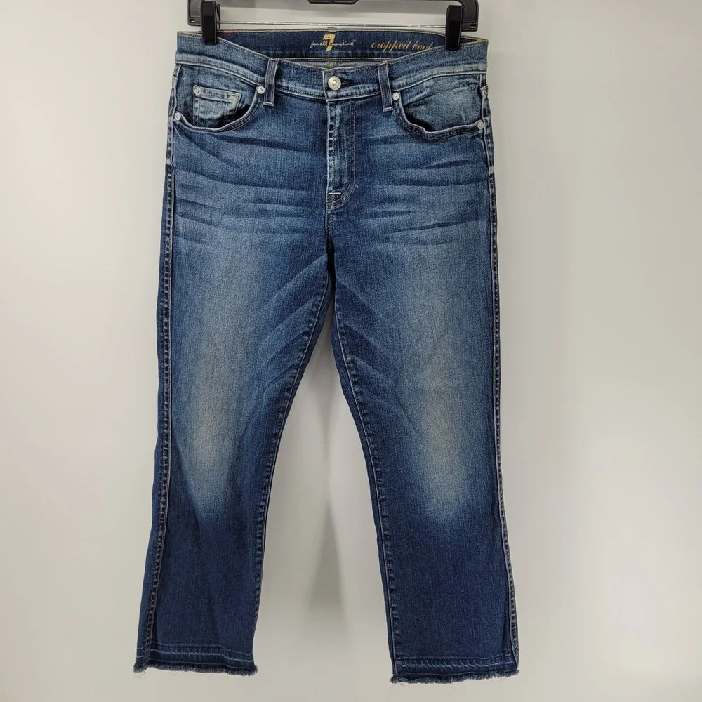 7 For All Mankind Cropped‎ Boot Jeans Womens 29 Blue Raw Hem Stretch Denim